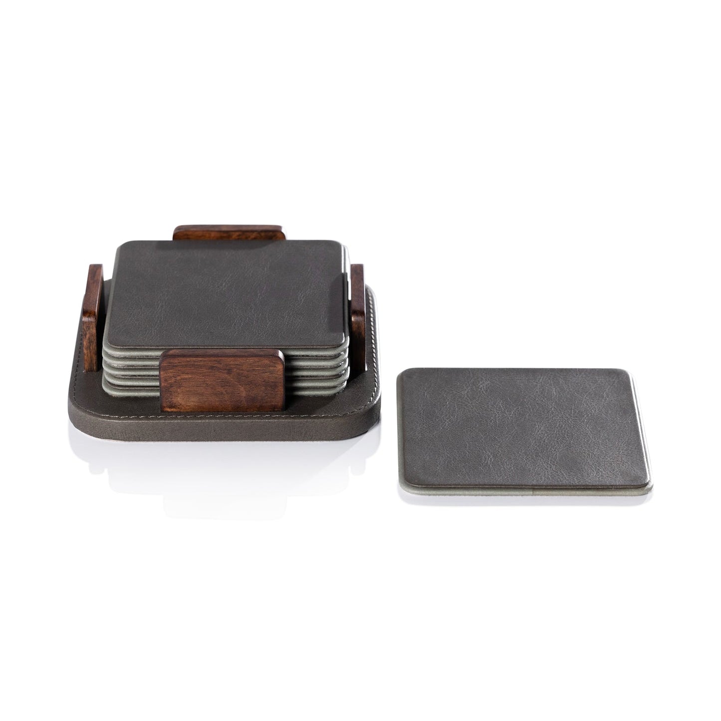 Sotto Leather with Burl Veneer Coaster Set of 6 - Cedar Green