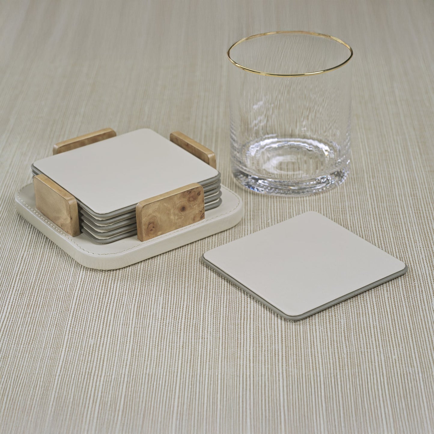 Sotto Leather with Burl Veneer Coaster Set of 6 - Ivory - Coasters by Carlyle Avenue