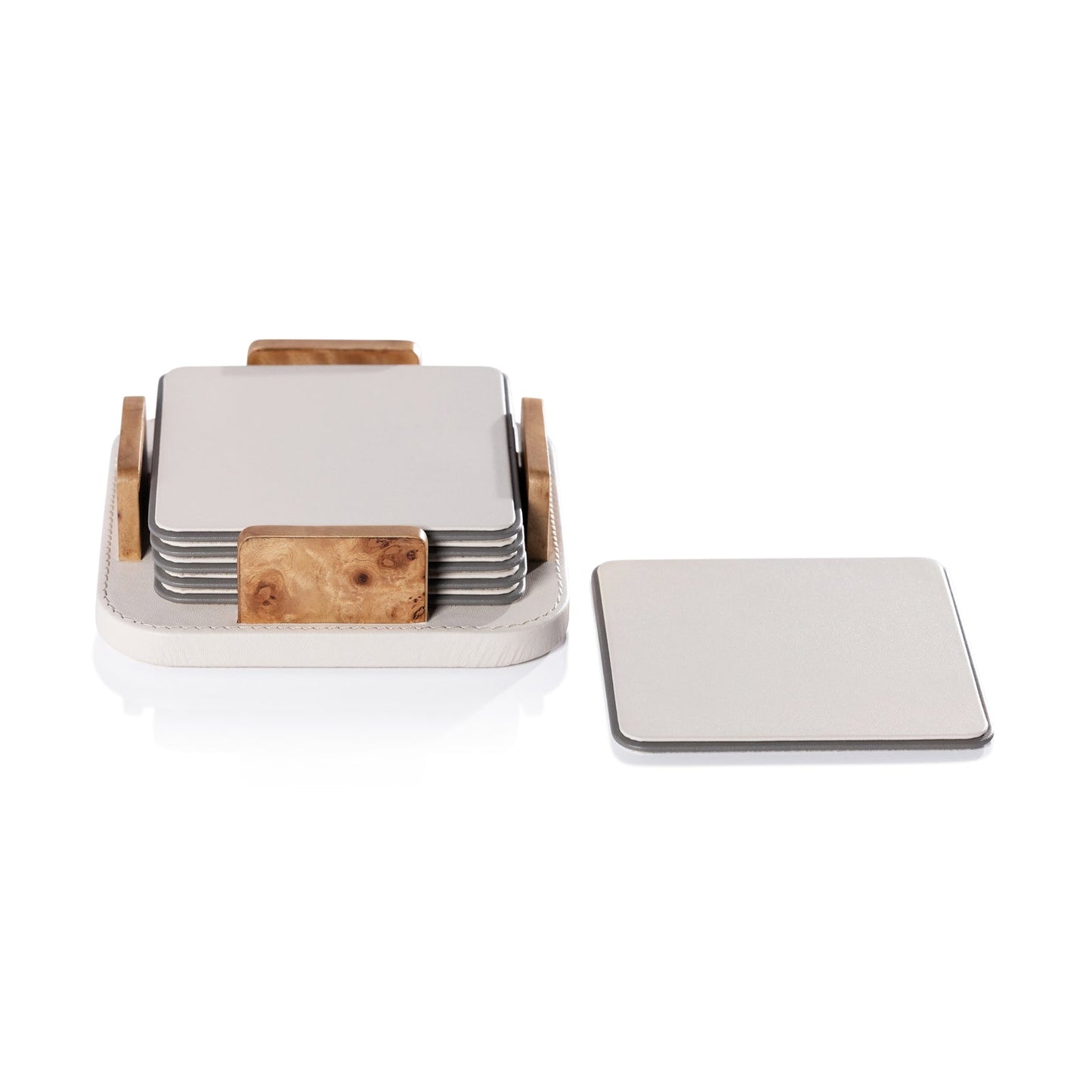 Sotto Leather with Burl Veneer Coaster Set of 6 - Ivory - Coasters by Carlyle Avenue