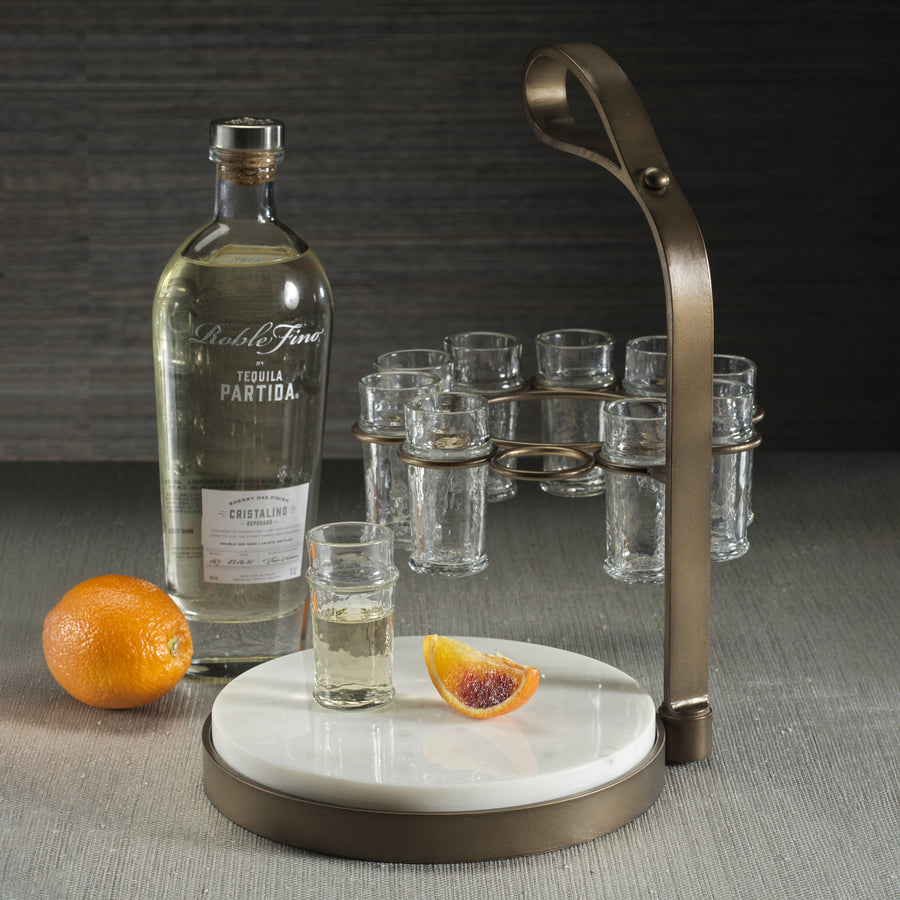 Tequilero 10 Shot Tequila Set with Marble Cutting Board - Gold
