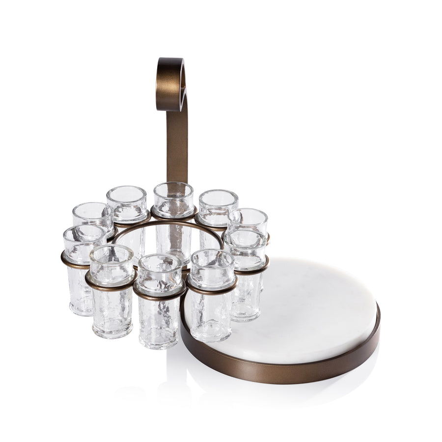 Tequilero 10 Shot Tequila Set with Marble Cutting Board - Gold