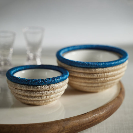 Martigues Coiled Abaca Condiment Bowl - Natural & Turquoise - Bowls by Carlyle Avenue
