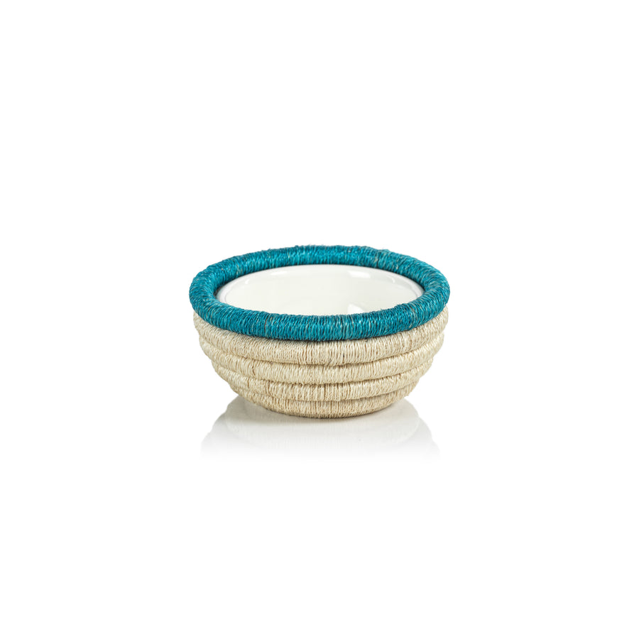 Martigues Coiled Abaca Condiment Bowl - Natural & Turquoise - Bowls by Carlyle Avenue