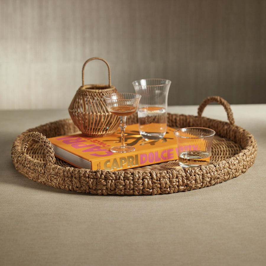 Portofino Braided Seagrass Round Tray with Glass Insert - Trays by Carlyle Avenue