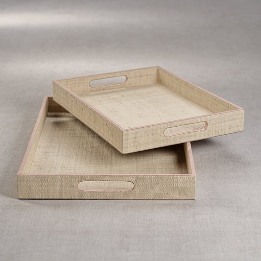 Lulu Natural Fiber Raffia Tray with Pink Leather Trim - Trays by Carlyle Avenue