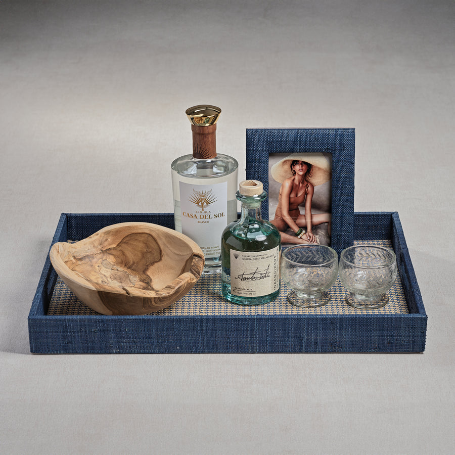 Houndstooth Raffia Tray - Navy Blue - Decorative Trays by Carlyle Avenue