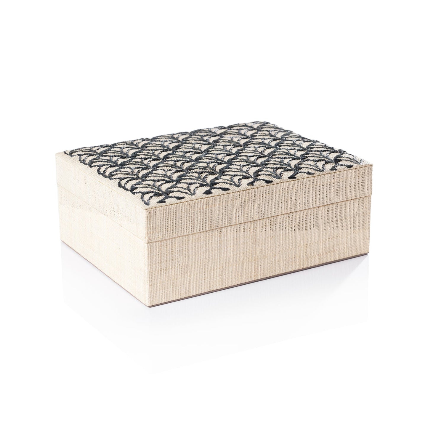 Rectangular raffia box with black embroidered petal pattern on the lid