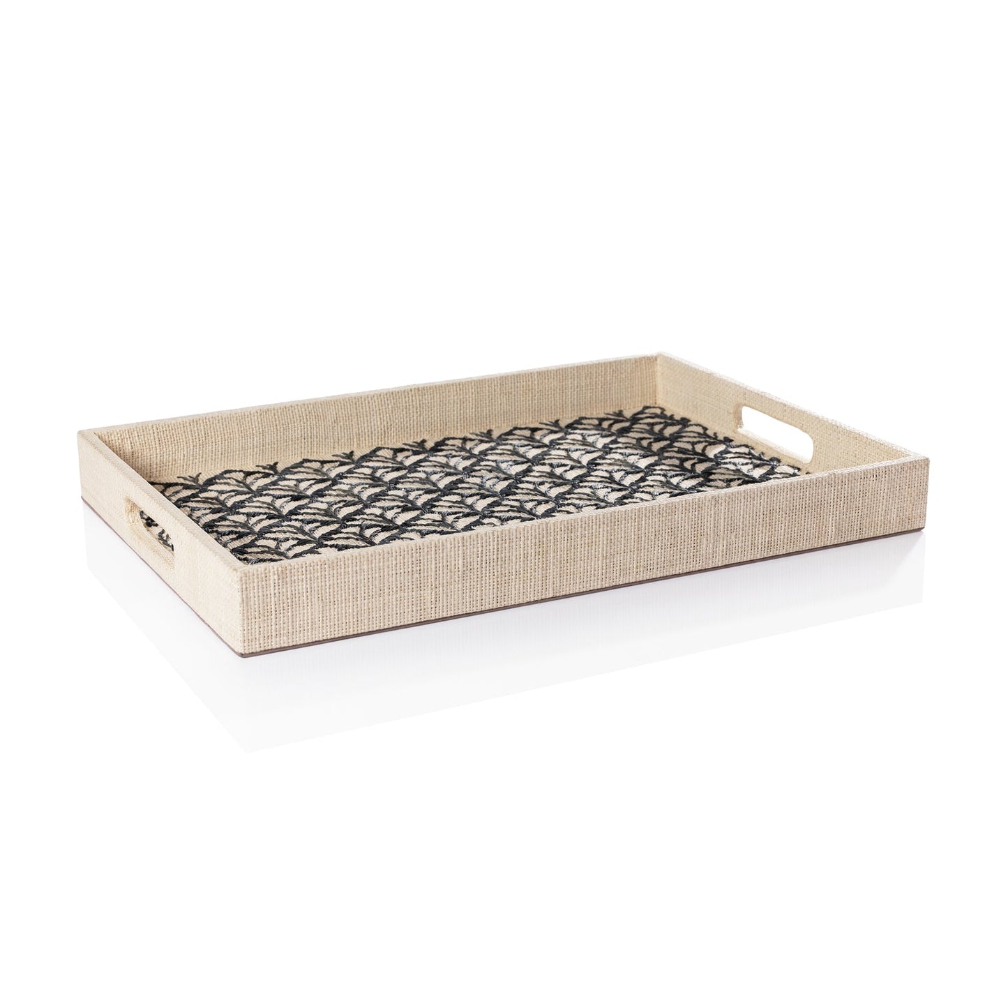 Rectangular natural raffia tray with black fan-leaf pattern and cutout side handles, designed for serving or decorative use.