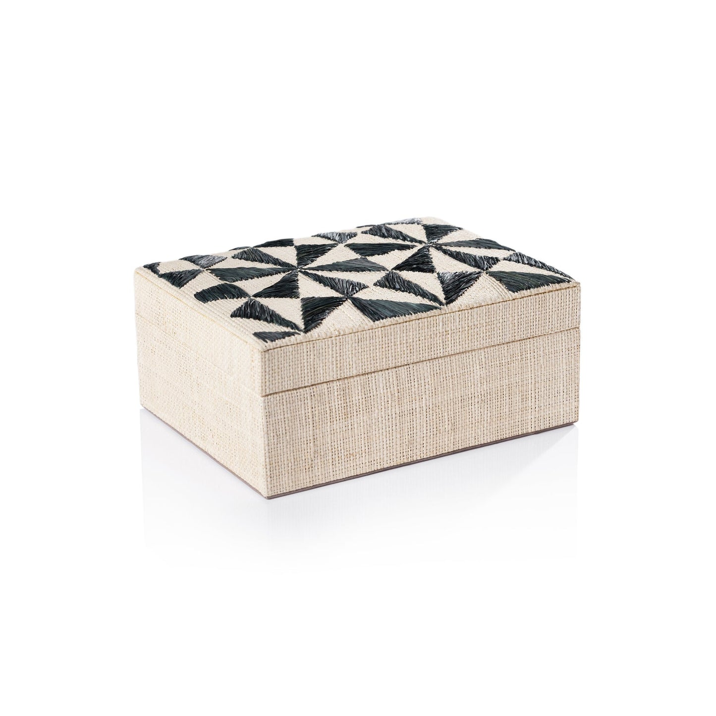 Rectangular raffia box with a black and cream geometric patterned lid, designed for decorative storage or as a keepsake box.