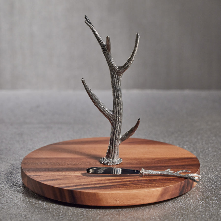 Davos Round Cheese & Charcuterie Board with Pewter Antler Stem - Serveware by Carlyle Avenue