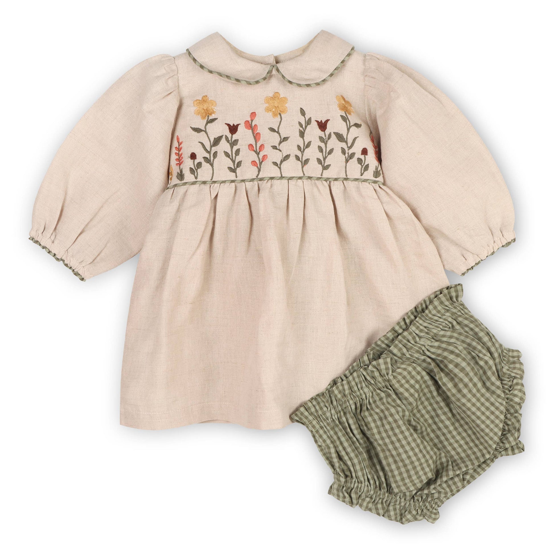 Floral Peter Pan Baby Dress & Fancy Bloomer (Linen Blend) -  by Carlyle Avenue