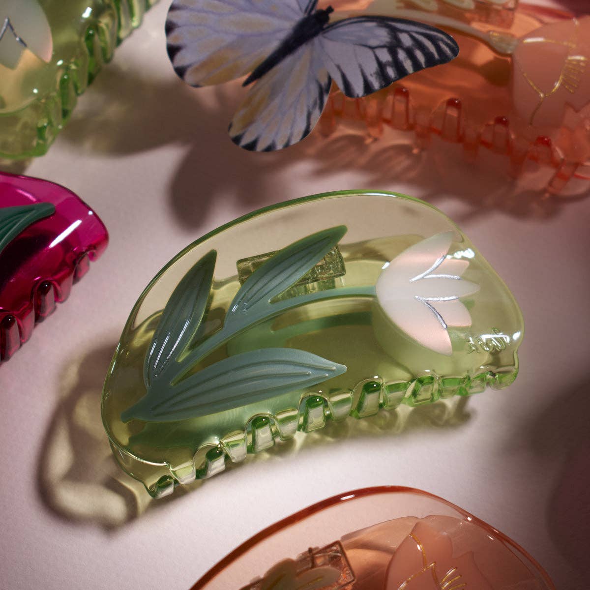 Lotus Flower Hair Claw in Clear Green Acetate -  by Carlyle Avenue