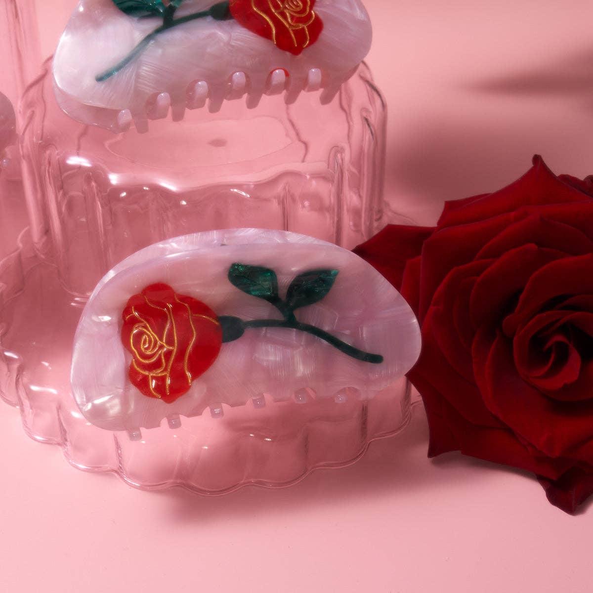 Women's Belle Pink Single Red Rose Acetate Hair Claw - by Carlyle Avenue