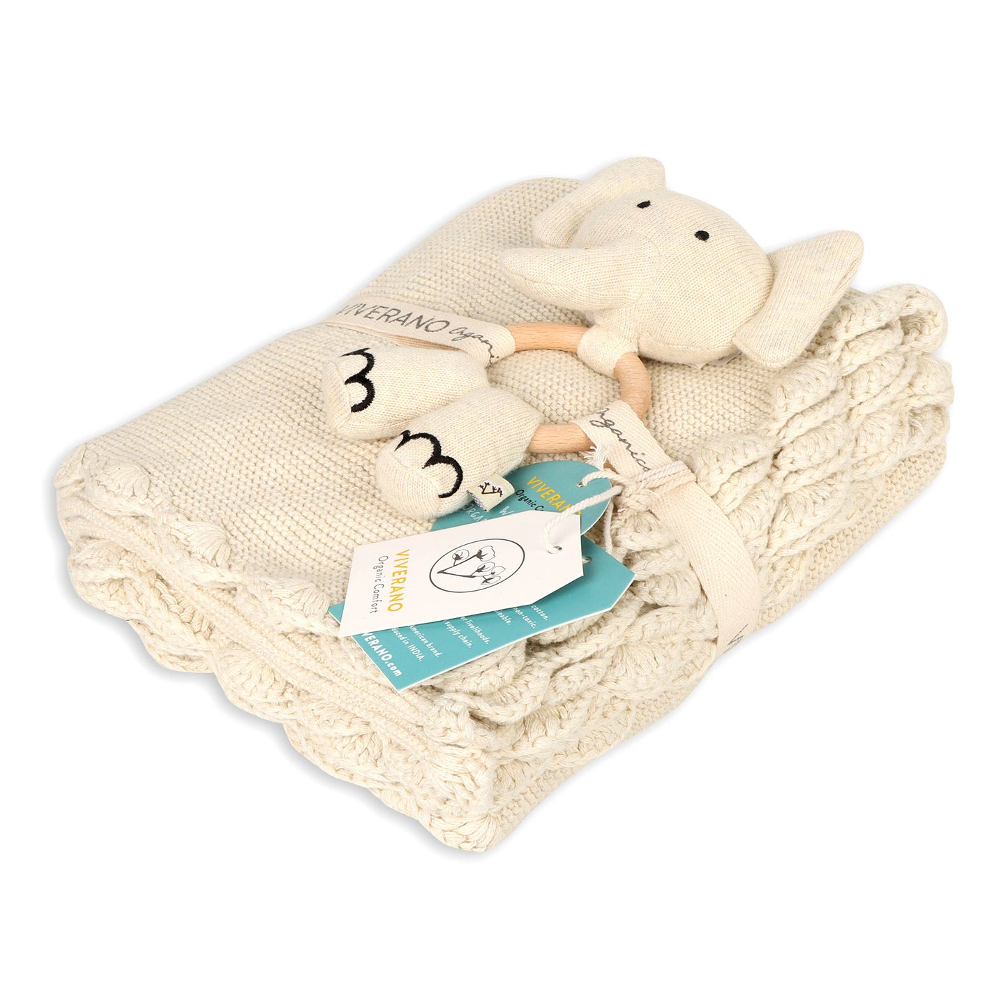 Scallop Edge Classic Knit Baby Blanket + Elephant Rattle SET - Baby Blanket by Carlyle Avenue