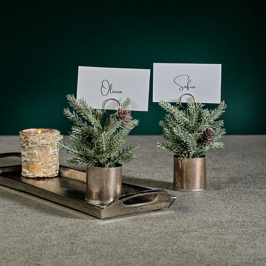 Pine in Silver Bucket Place Card Holder - Christmas Decor by Carlyle Avenue