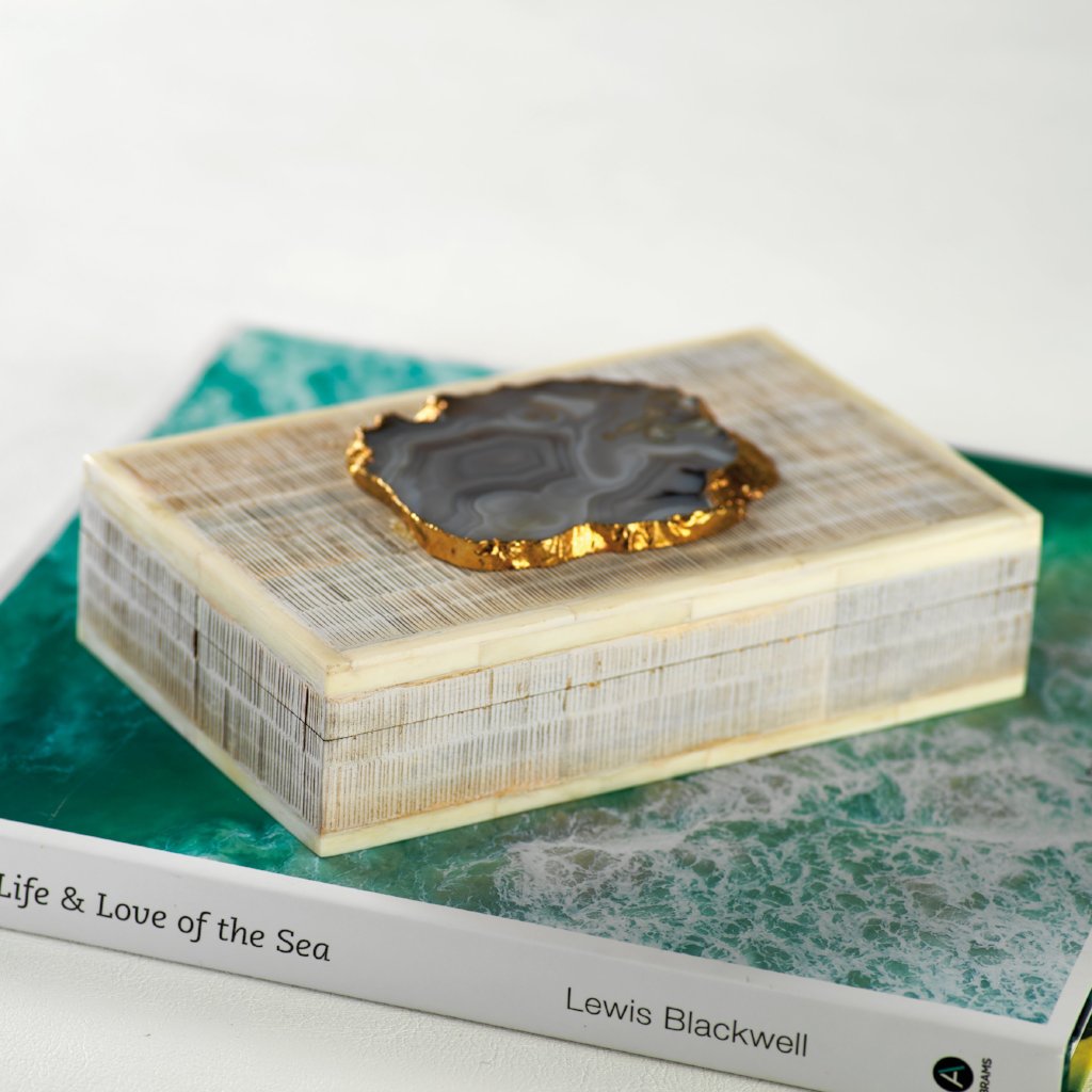 Chiseled Mangowood & Bone Box w/ Agate Stone - Decorative Accessories by Carlyle Avenue