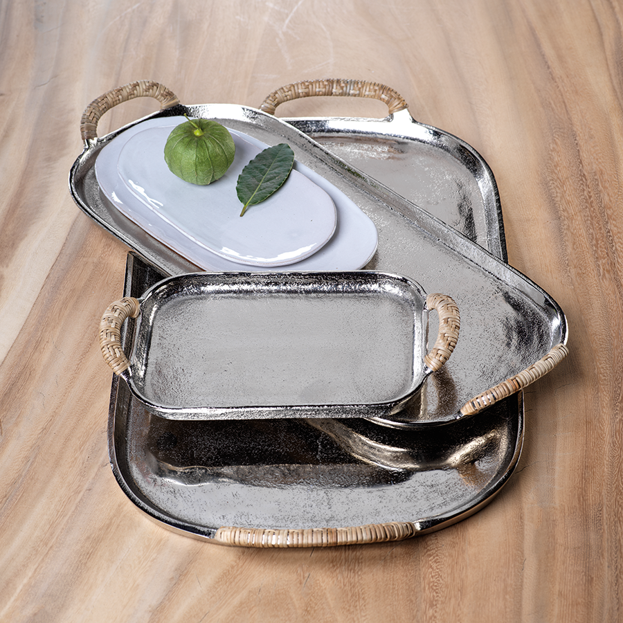 Mauritius Raw Aluminum Tray w/Cane Wrapped Handles - Trays by Carlyle Avenue