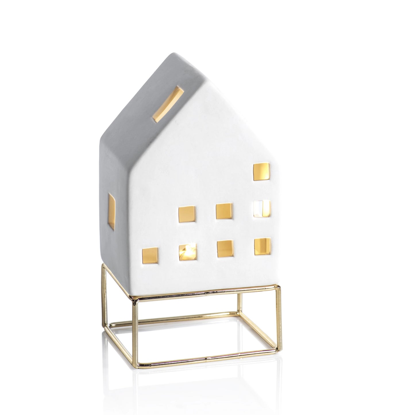 LED Ceramic House on Gold Metal Base - Christmas Decor by Carlyle Avenue