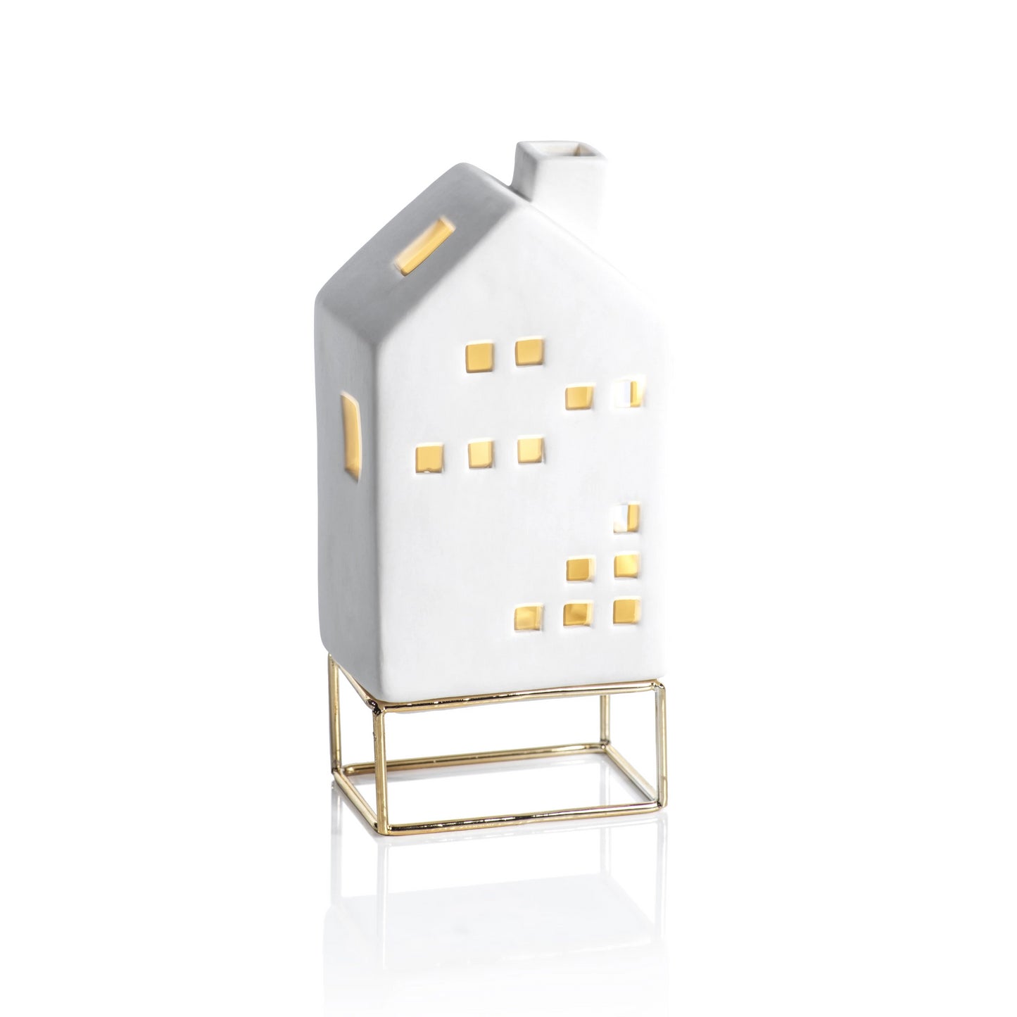 LED Ceramic House on Gold Metal Base - Christmas Decor by Carlyle Avenue