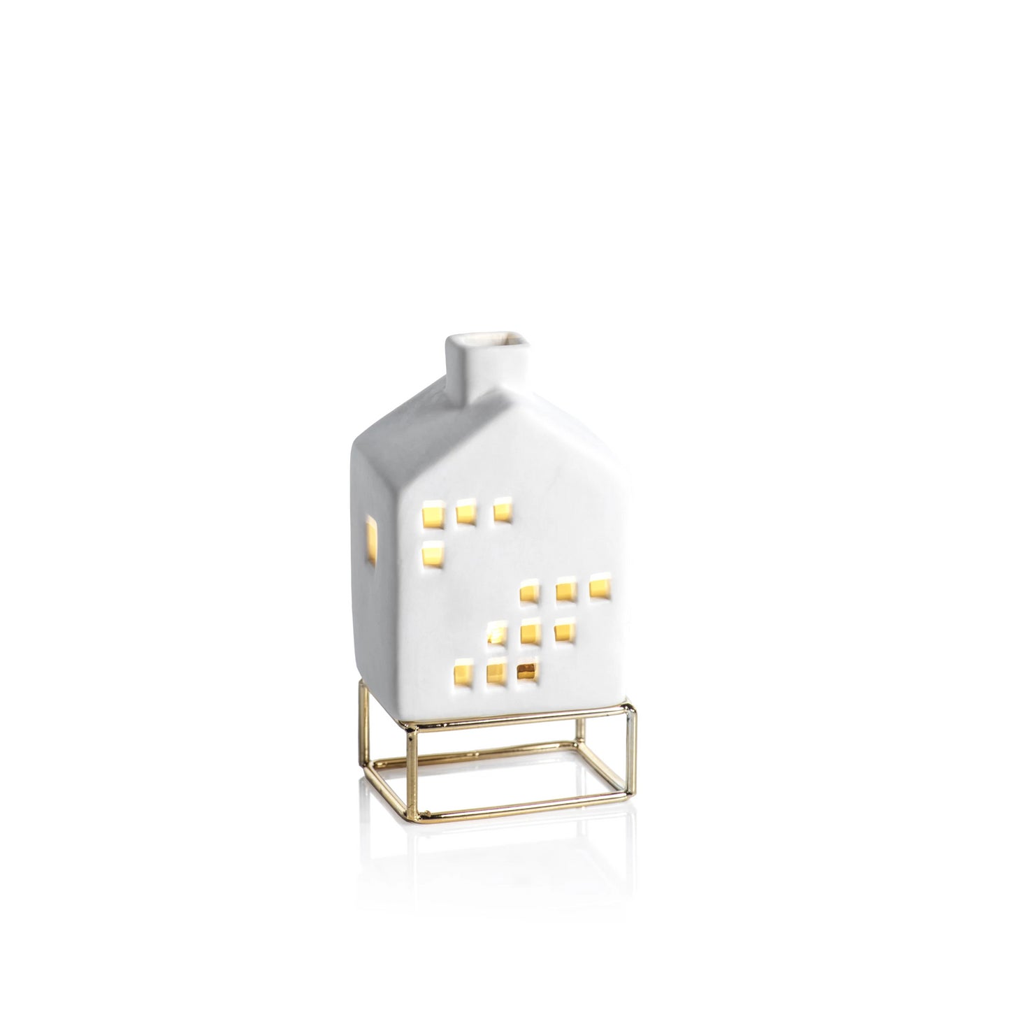 LED Ceramic House on Gold Metal Base - Christmas Decor by Carlyle Avenue
