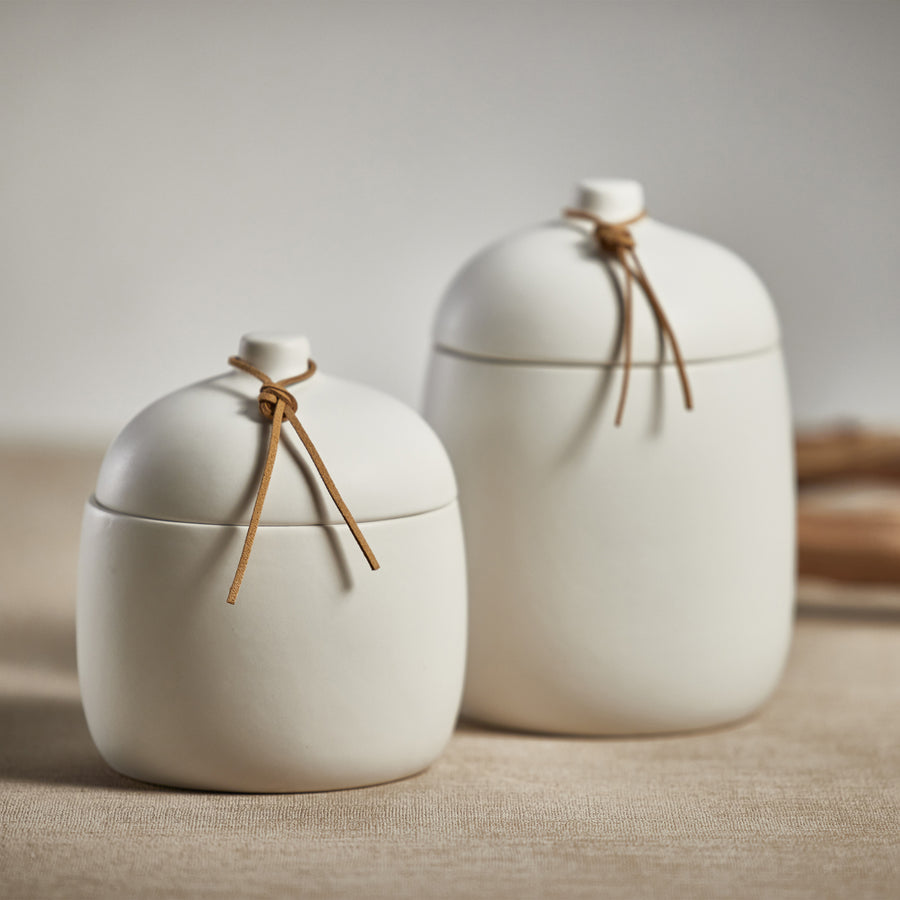 Prado Ceramic Canister with Leather Tie - White - Decorative Jars by Carlyle Avenue
