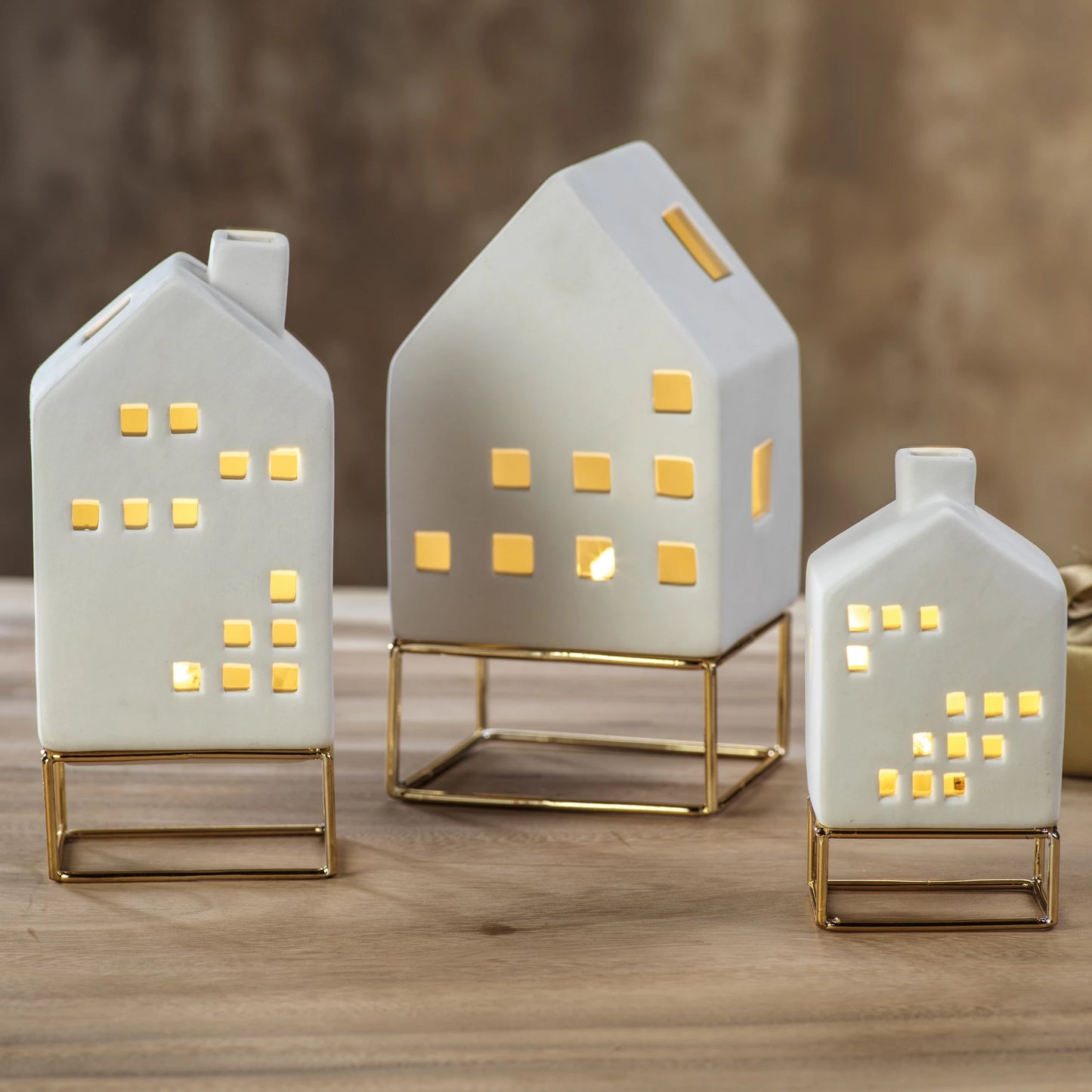 LED Ceramic House on Gold Metal Base - Christmas Decor by Carlyle Avenue