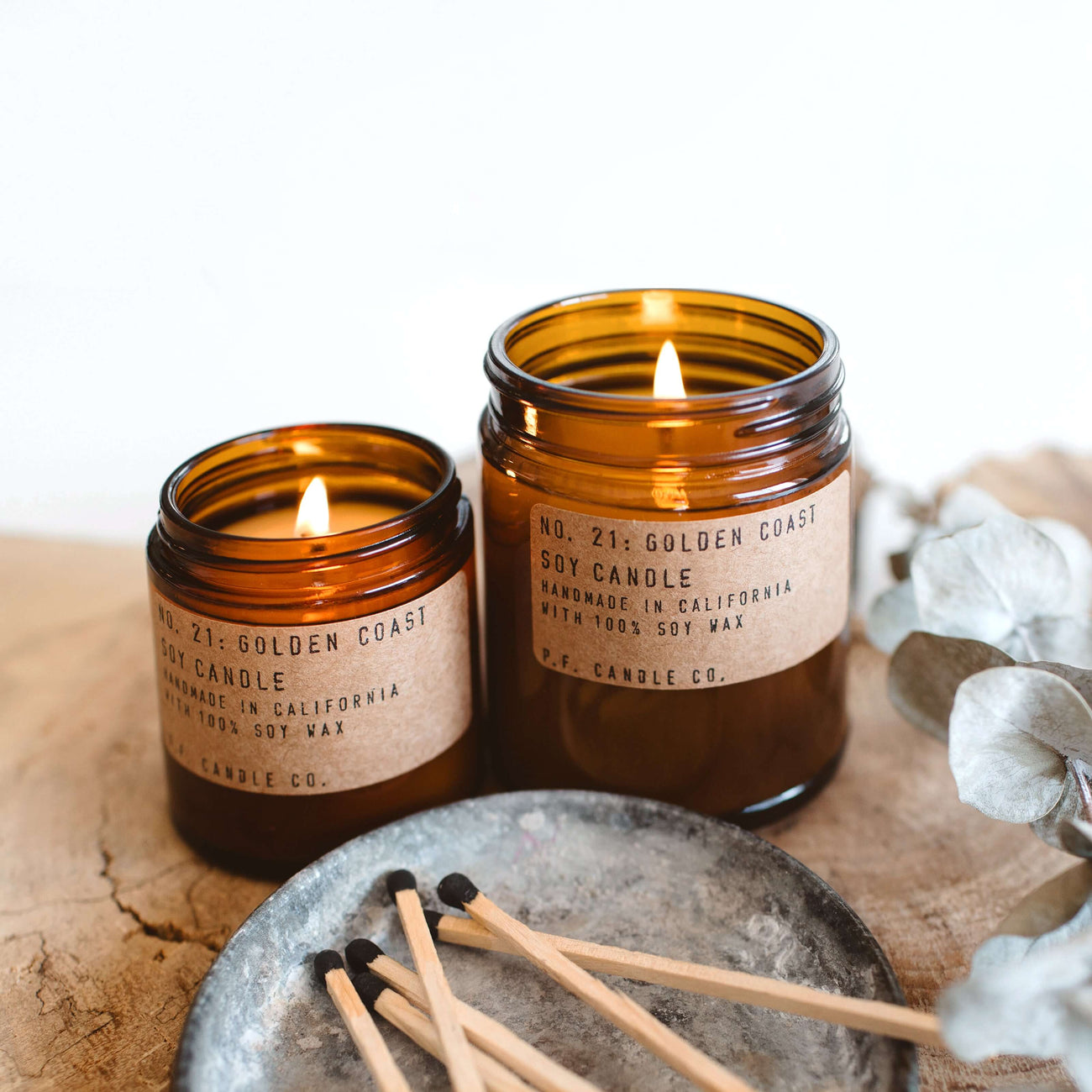 P.F. Candle Co. golden coast soy candles with matches, handmade in California with 100% soy wax.