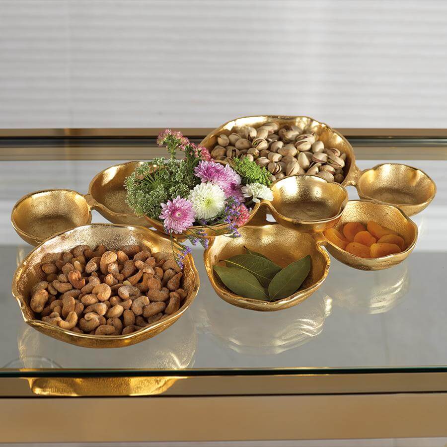 Cluster Bowl Trays showcasing golden serving bowls with snacks, dips, and beautiful flowers.