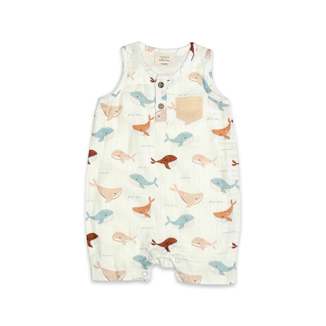 Whales Henley Baby Short Romper (Organic Muslin)