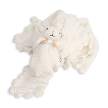 Scallop Edge Classic Knit Baby Blanket + Bunny Rattle SET -  by Carlyle Avenue