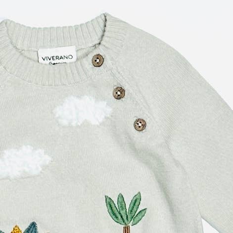 Dino Applique Button Baby Pullover Sweater (Organic): Stone / 12-18