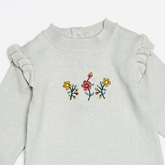 Floral Embroidered Ruffle Baby Sweater Jumpsuit (Organic)