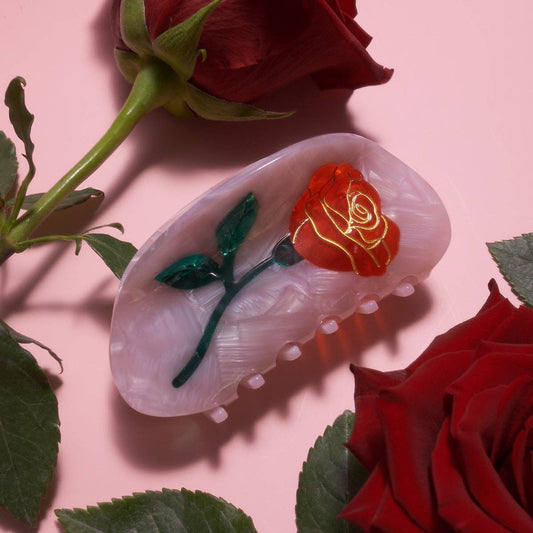 Women's Belle Pink Single Red Rose Acetate Hair Claw -  by Carlyle Avenue