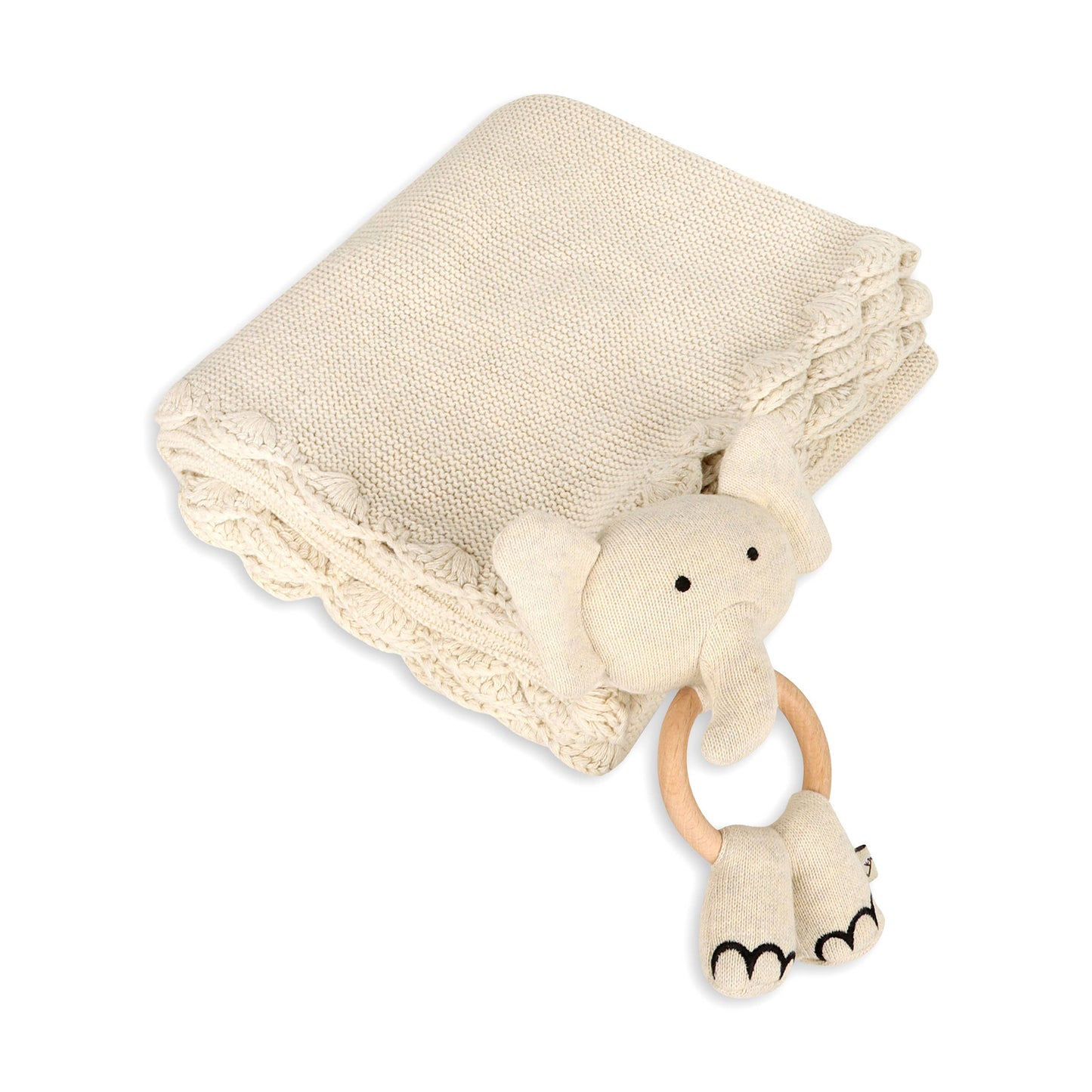 Scallop Edge Classic Knit Baby Blanket + Elephant Rattle SET