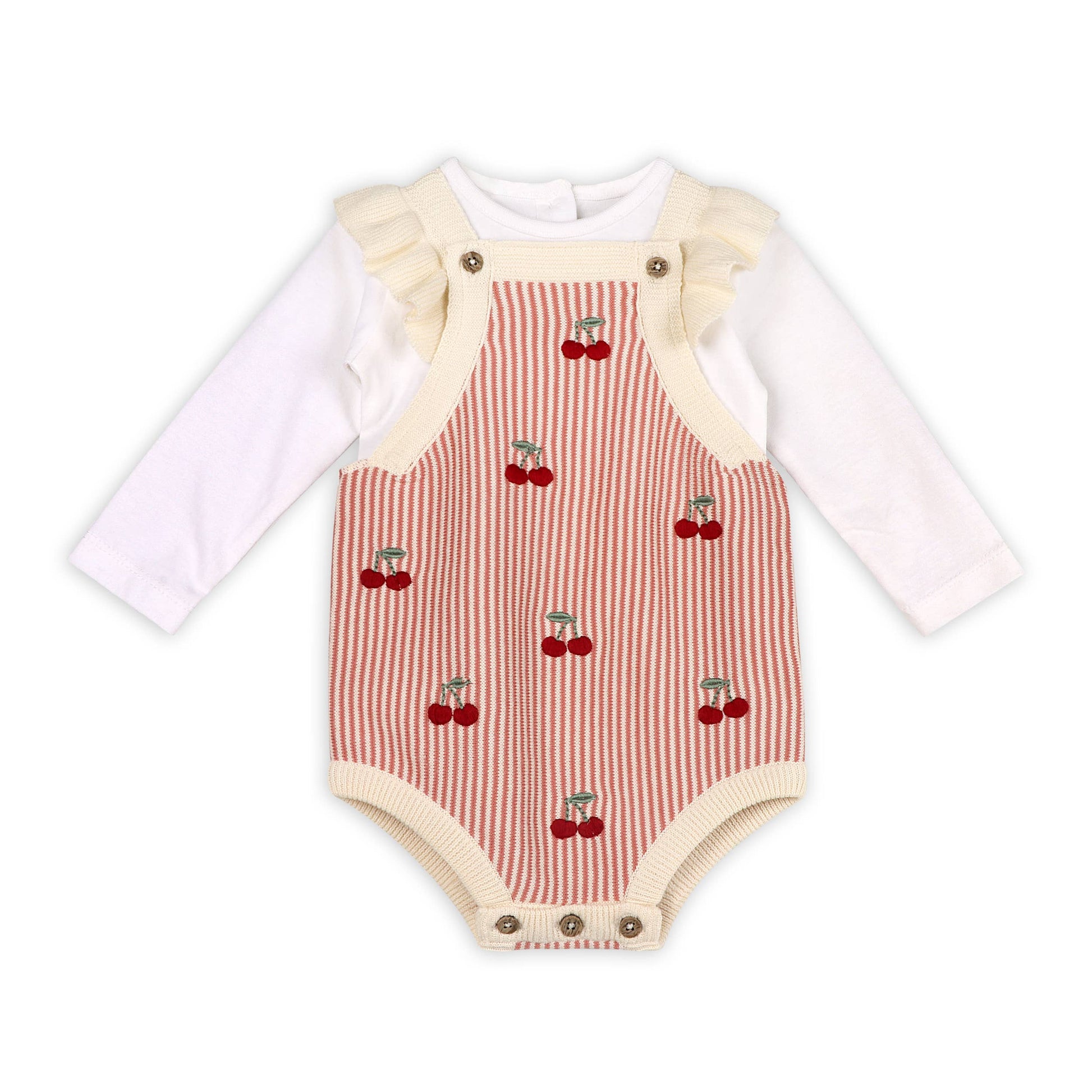 Cherry Stripe Embroidered Baby Ruffle Romper Set (Organic) - Kids Clothing by Carlyle Avenue