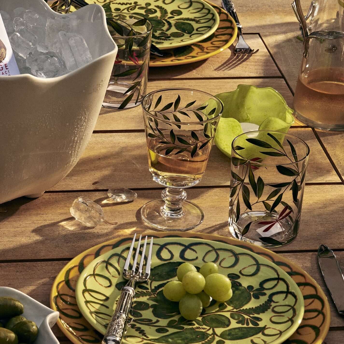 Whispering Leaves glasses styled on table setting