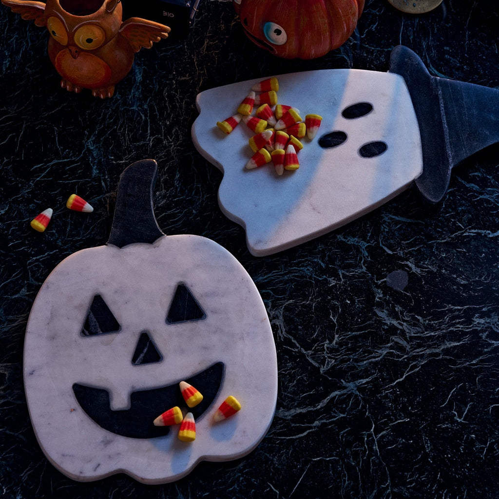 marble serveware with candy corn