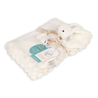 Scallop Edge Classic Knit Baby Blanket + Bunny Rattle SET -  by Carlyle Avenue