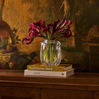 Liège Blown Glass Vase with deep vertical channels and calla lilies on stacked books.