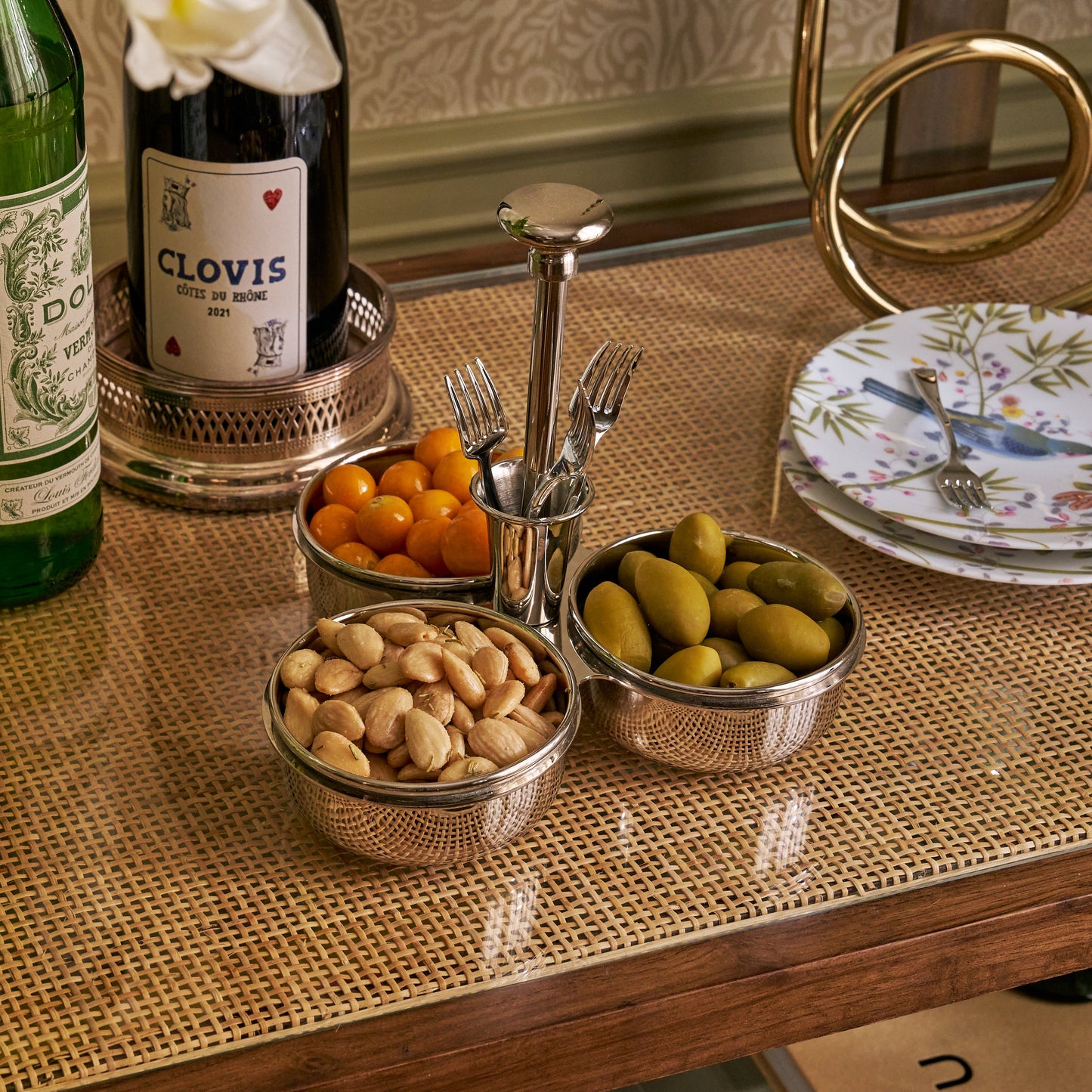 Basso Condiment Trio w/ Cocktail Pick Holder - Polished Nickel - Serveware by Carlyle Avenue