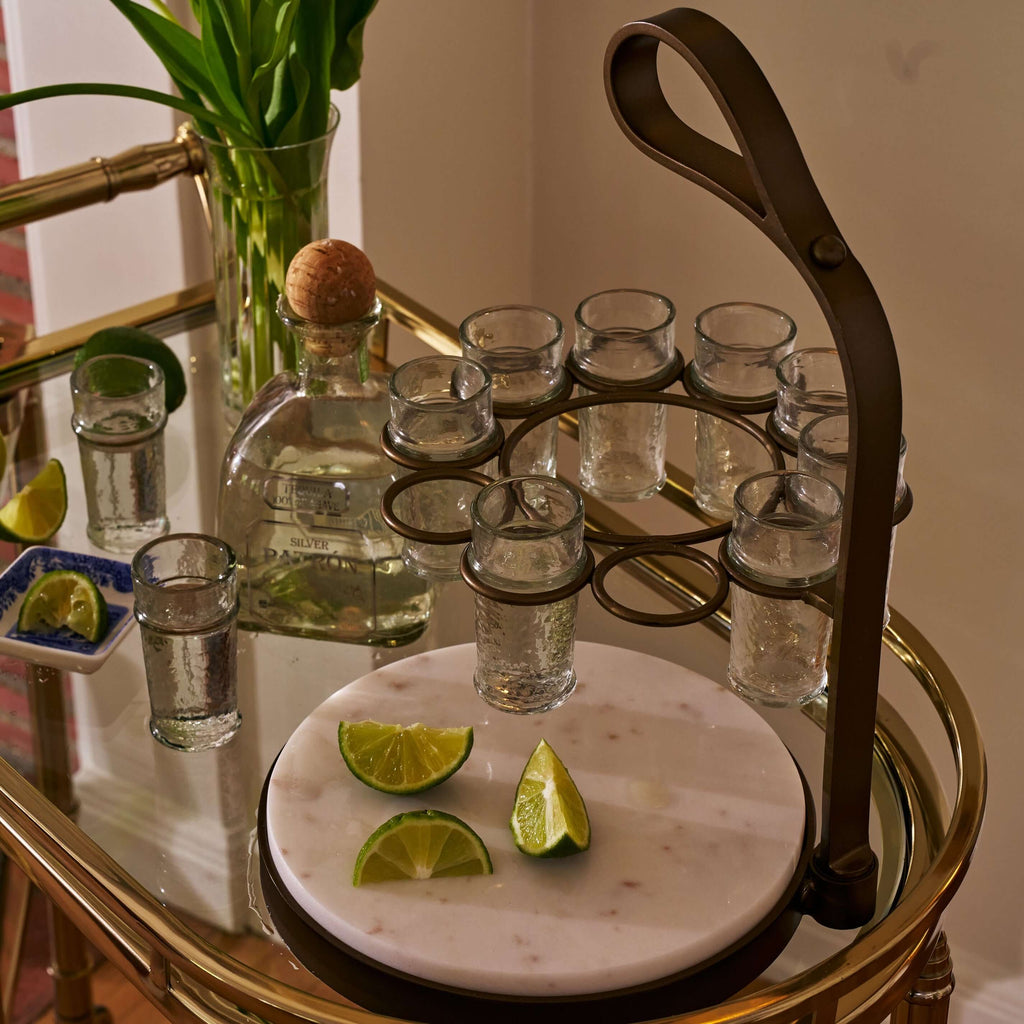Tequilero 10 Shot Tequila Set with Marble Cutting Board - Gold
