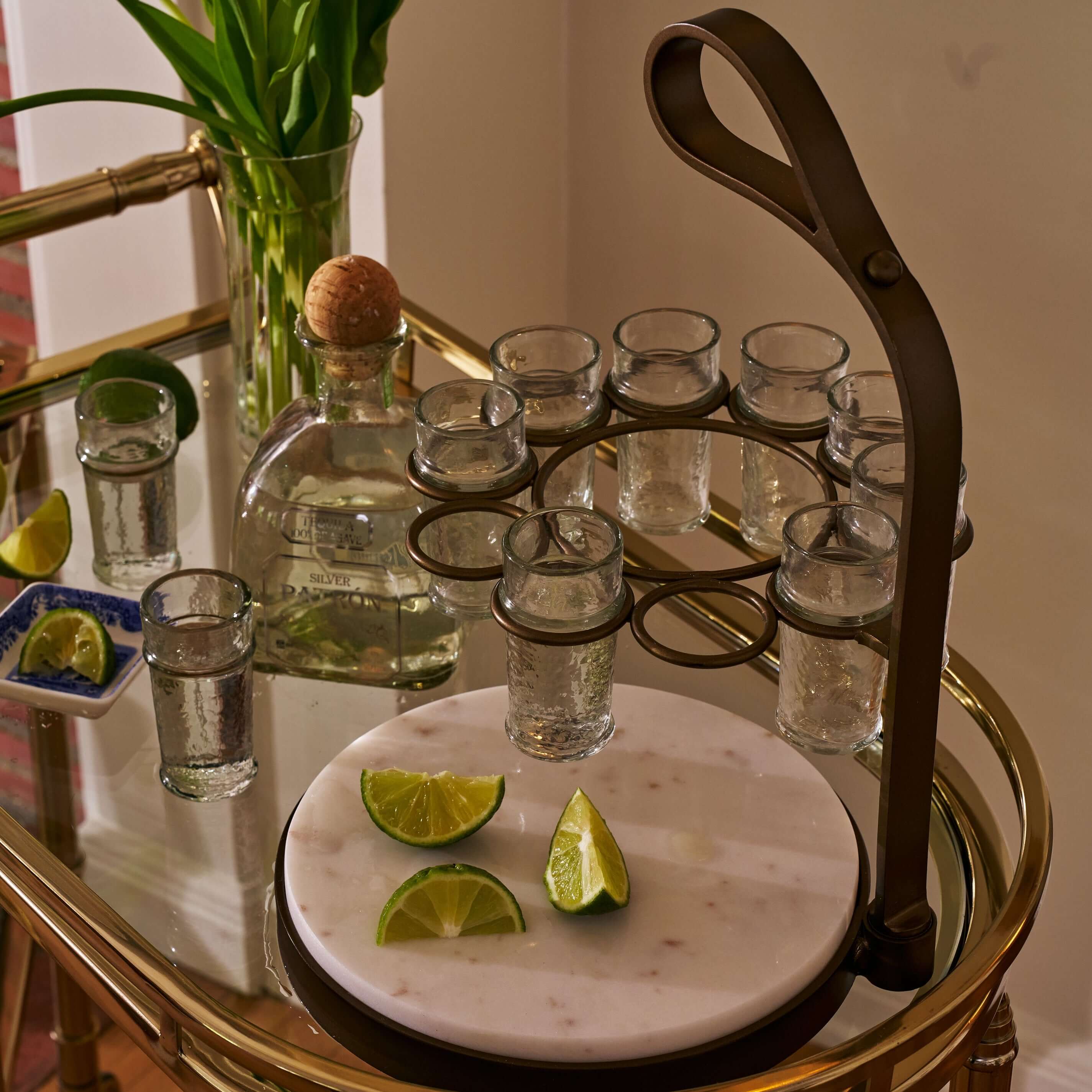 Tequilero 10 Shot Tequila Set with Marble Cutting Board - Gold