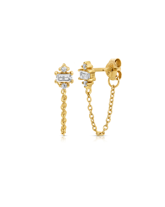 Lizzy Baguette CZ Chain Stud Earring, 14K Gold Plated