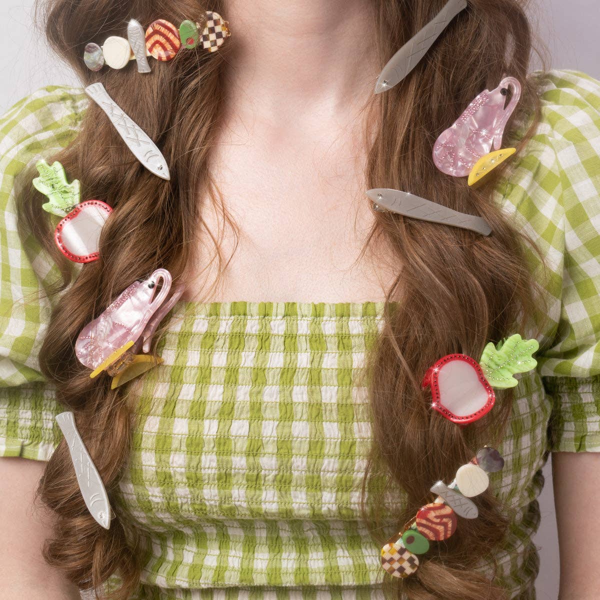 Sardine Fish Hair Clip Set in Silver Acetate with Rhinestone -  by Carlyle Avenue