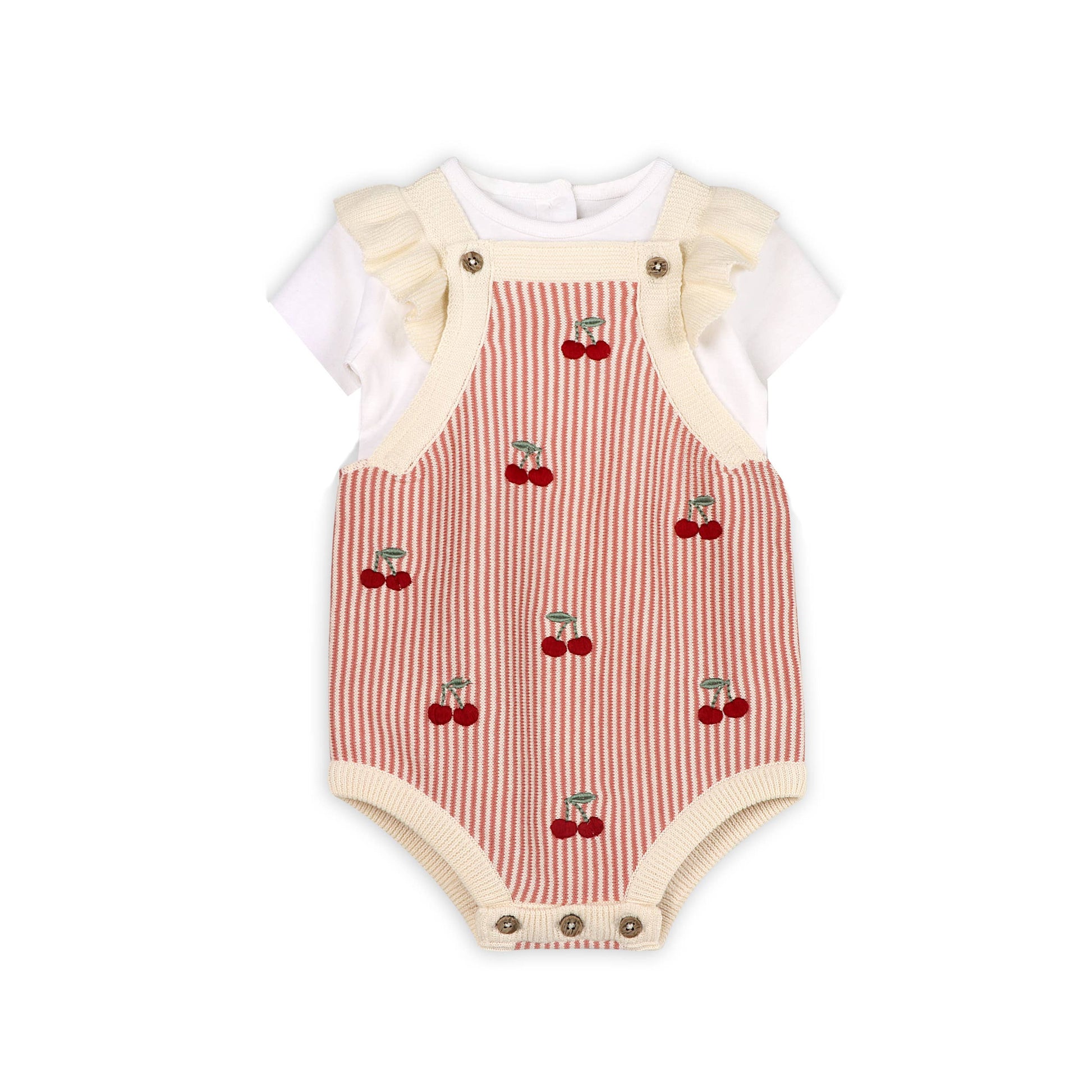 Cherry Stripe Embroidered Baby Ruffle Romper Set (Organic) - Kids Clothing by Carlyle Avenue