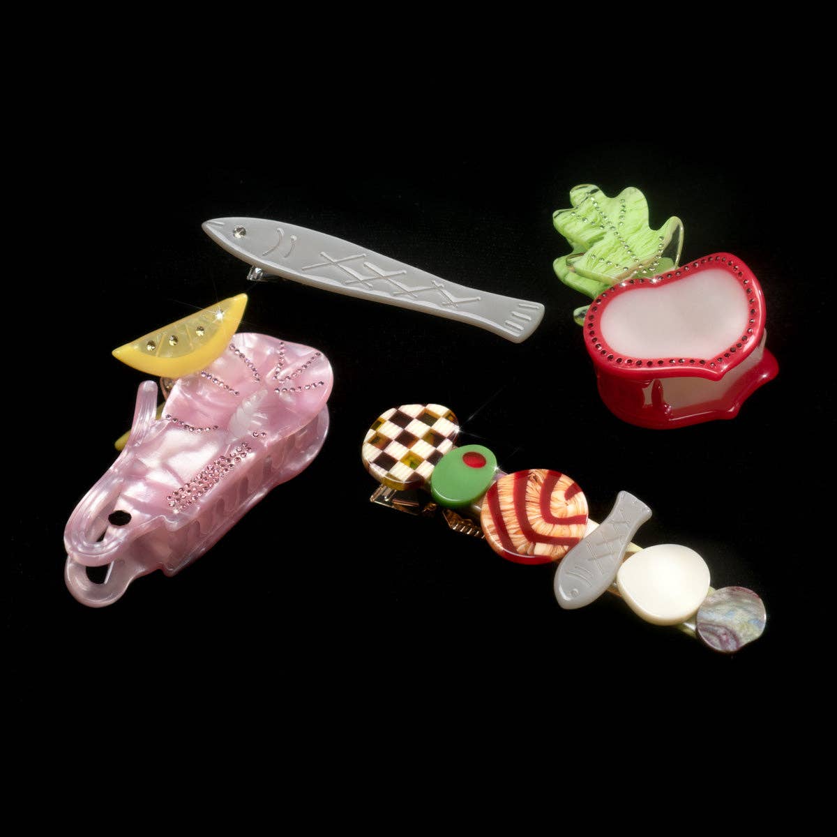 Sardine Fish Hair Clip Set in Silver Acetate with Rhinestone -  by Carlyle Avenue