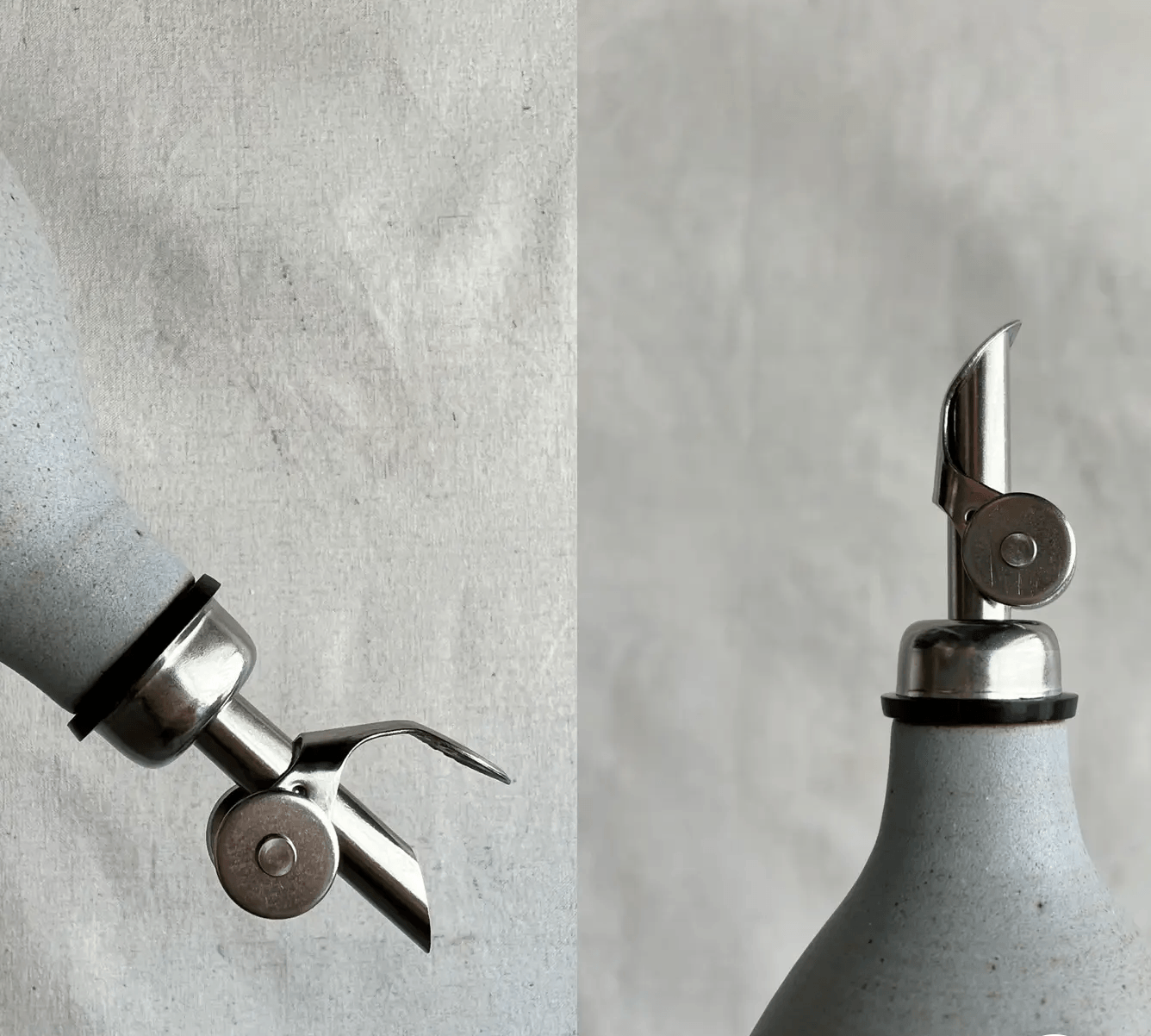 Handmade Ceramic Oil Bottle with polished chrome pourer and matte glaze finish.