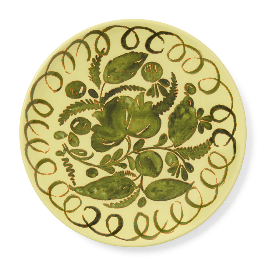 Amalfi Dessert Plate Lime - 9.1" Diameter with intricate green floral design on a vibrant lime background.