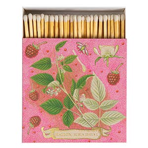 Rose Framboise | Square - Safety Matches in a pink matchbox with raspberry and leaf illustrations.