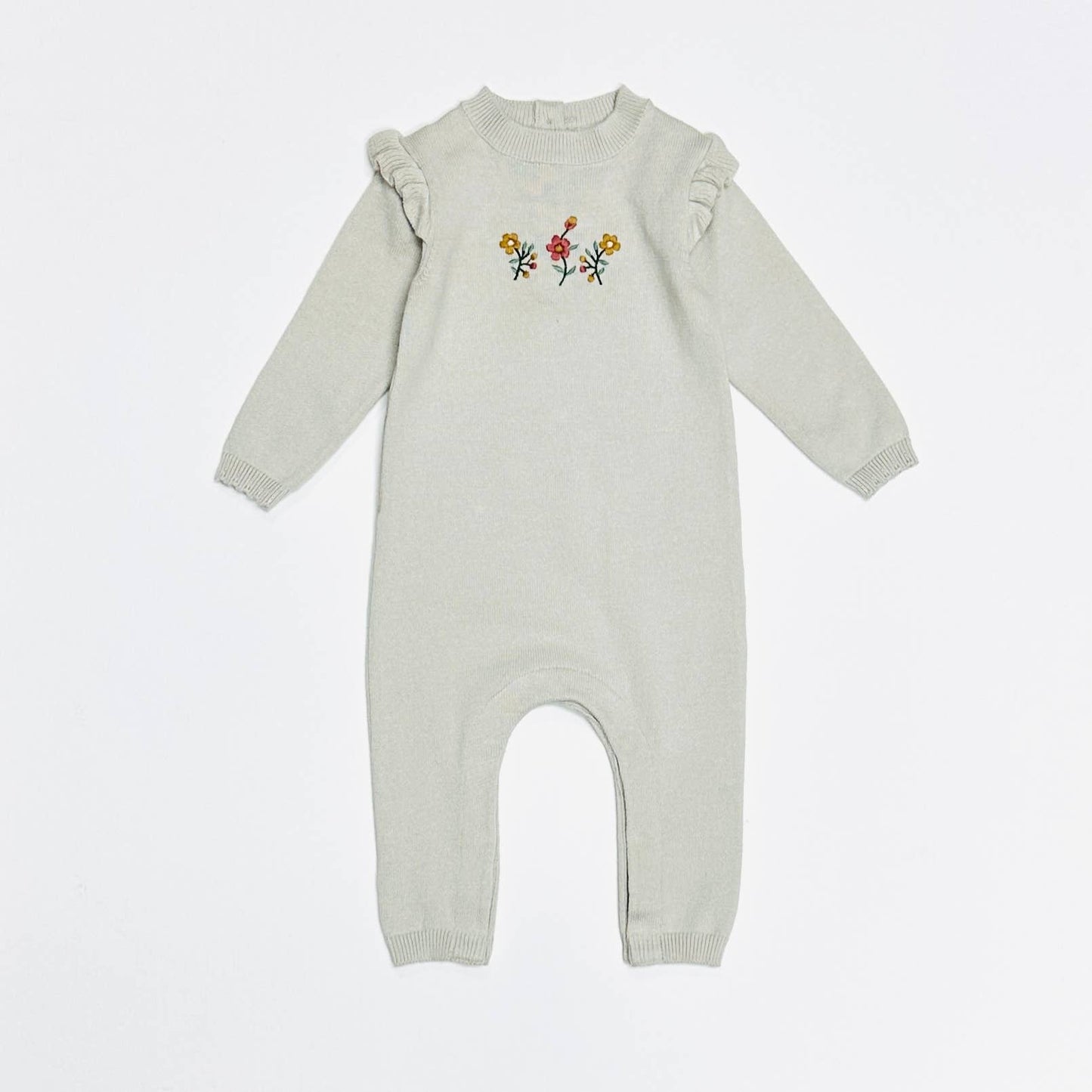 Floral Embroidered Ruffle Baby Sweater Jumpsuit (Organic)